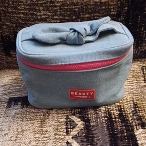 4/$40 New Blue Denim Beauty Cosmetic Bag with Pink Zipper & Interior